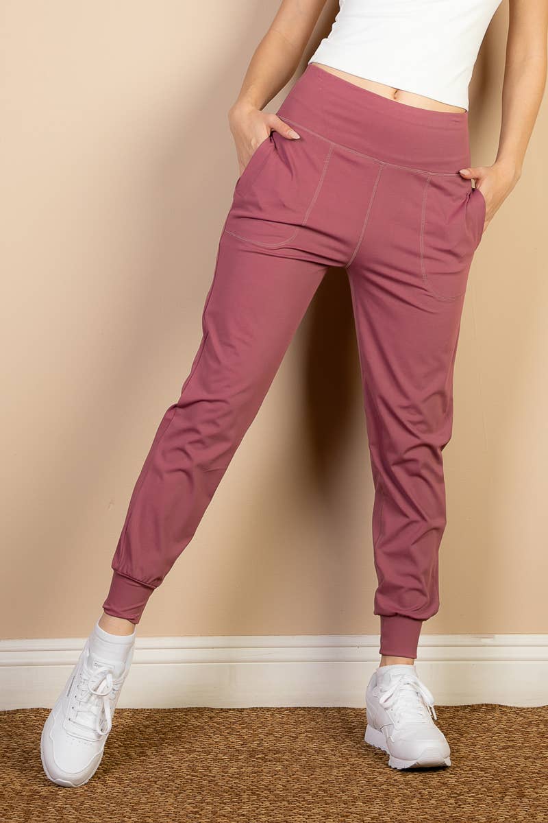 High Waisted Wide Waistband Joggers - Dusty Cedar - Last One - Size XSmall
