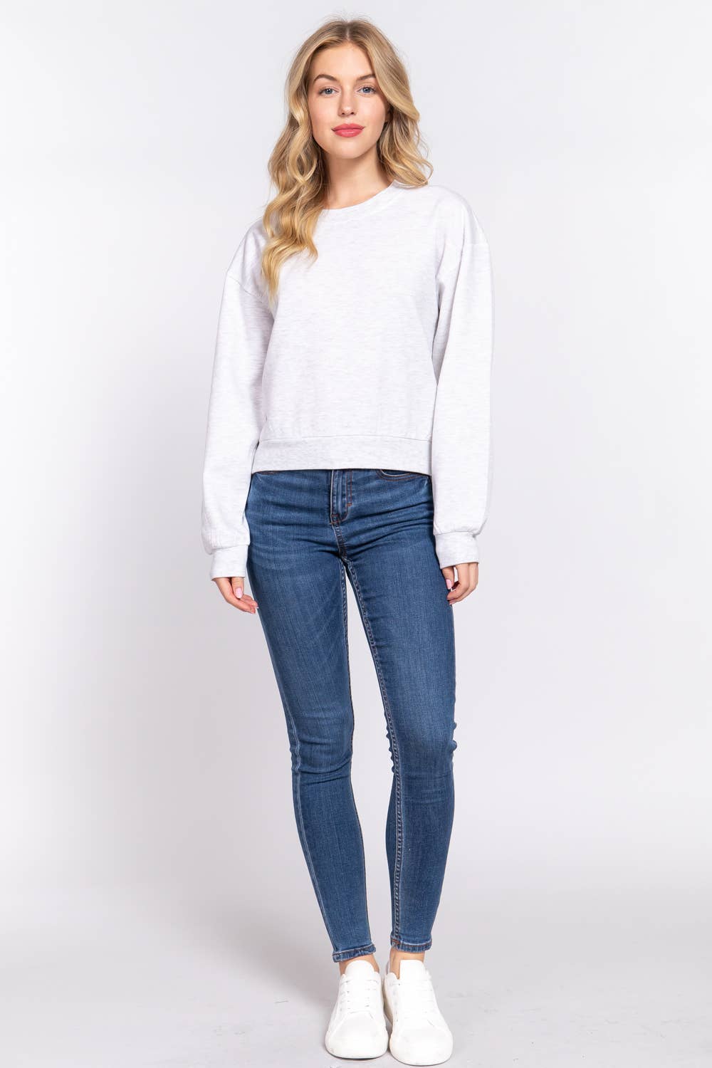 Long Sleeve Round Neck Crop Sweatshirt - Grey Marble