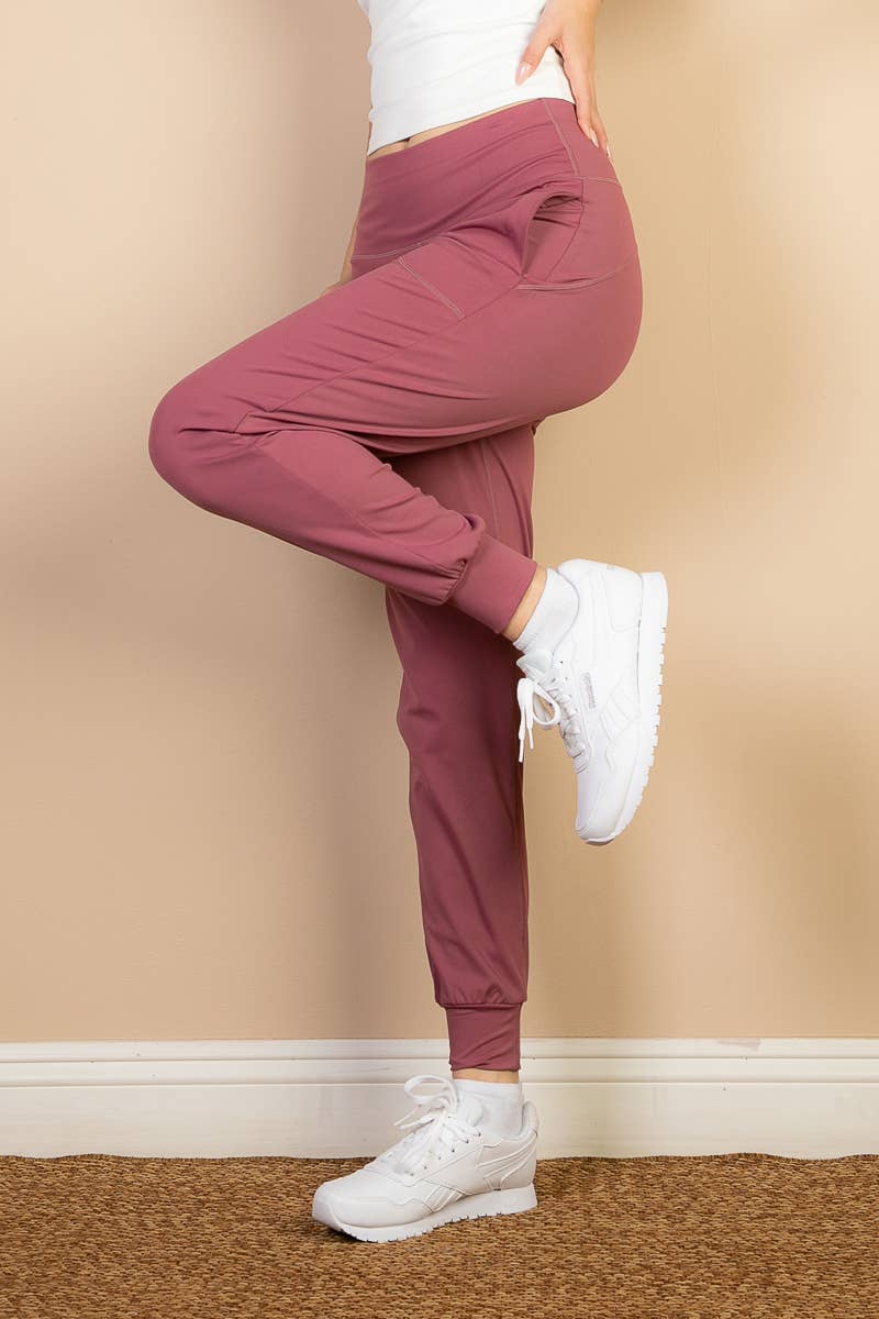 High Waisted Wide Waistband Joggers - Dusty Cedar - Last One - Size XSmall