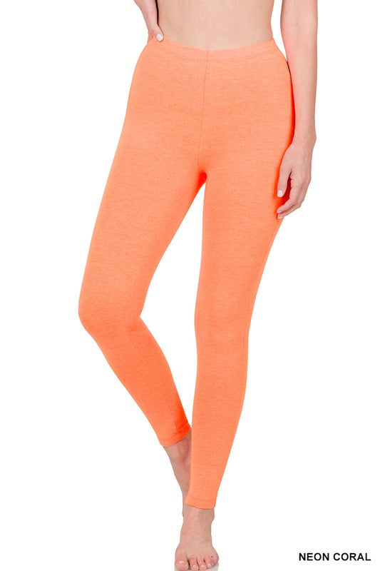 Full Length Cotton Leggings - Neon Coral - Last One - Size Small