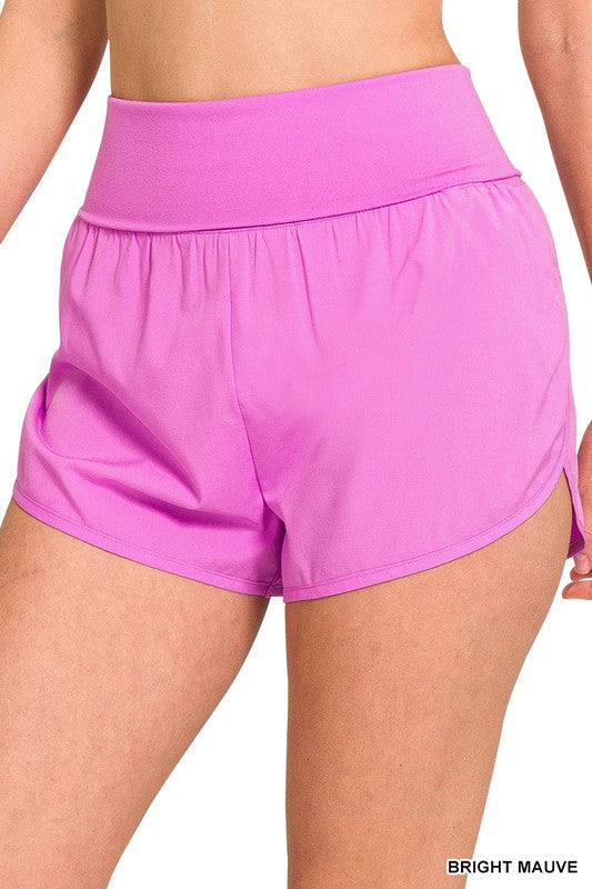 High Waisted Band Fold-Over Running Shorts - Bright Mauve