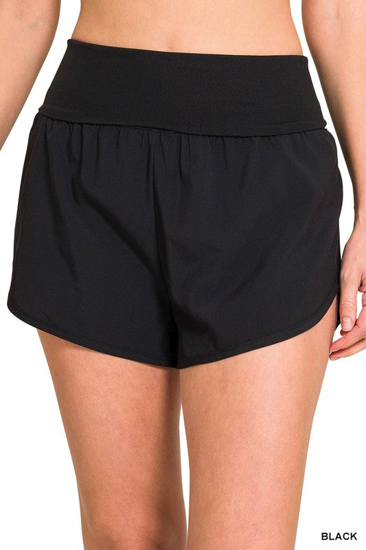 High Waisted Band Fold-Over Running Shorts - Black