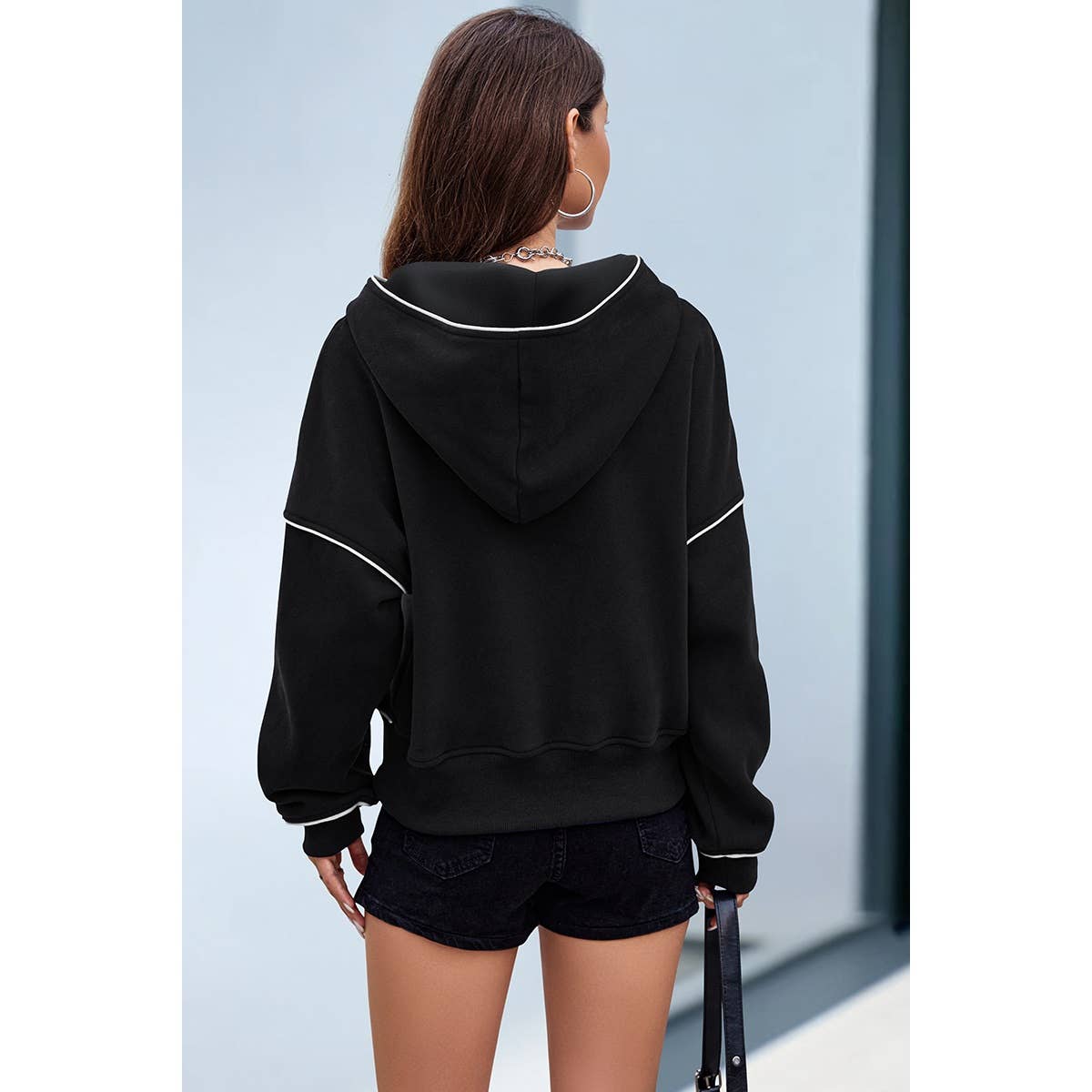Color Block Drop Shoulder Hoodie - Black