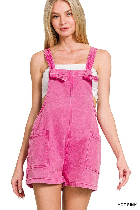 Mineral Washed Knotted Strap Romper - Hot Pink