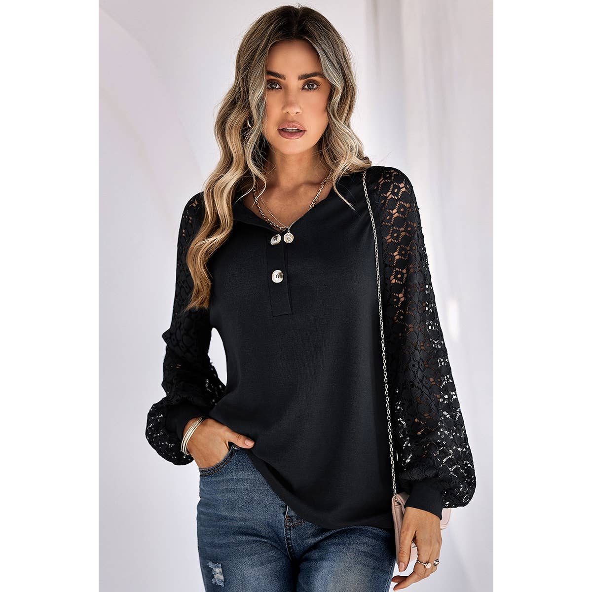 Lace Sleeve Knit Sweater - Black - Last One - Size Small
