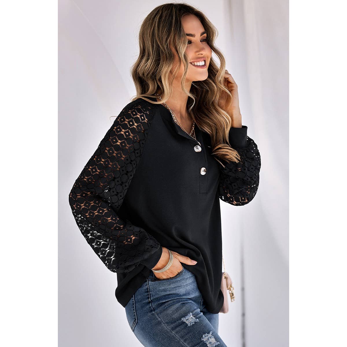 Lace Sleeve Knit Sweater - Black - Last One - Size Small