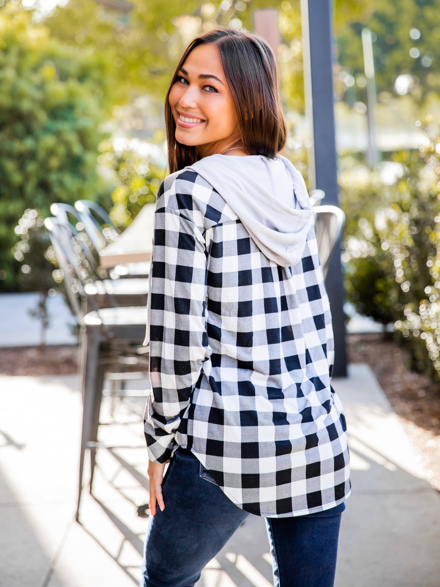 Plaid Gray Hooded Button Up - Last One - Size Medium