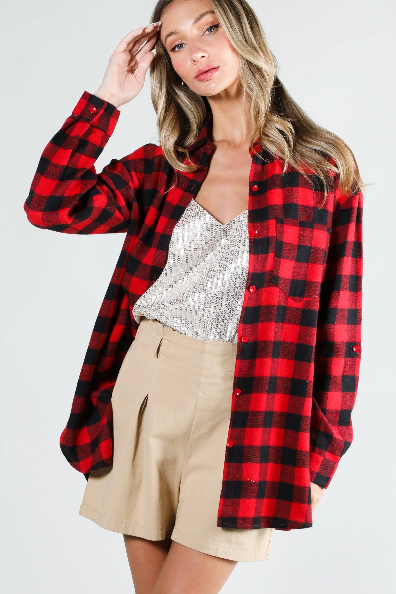 Long Sleeve Plaid Button Up - Red