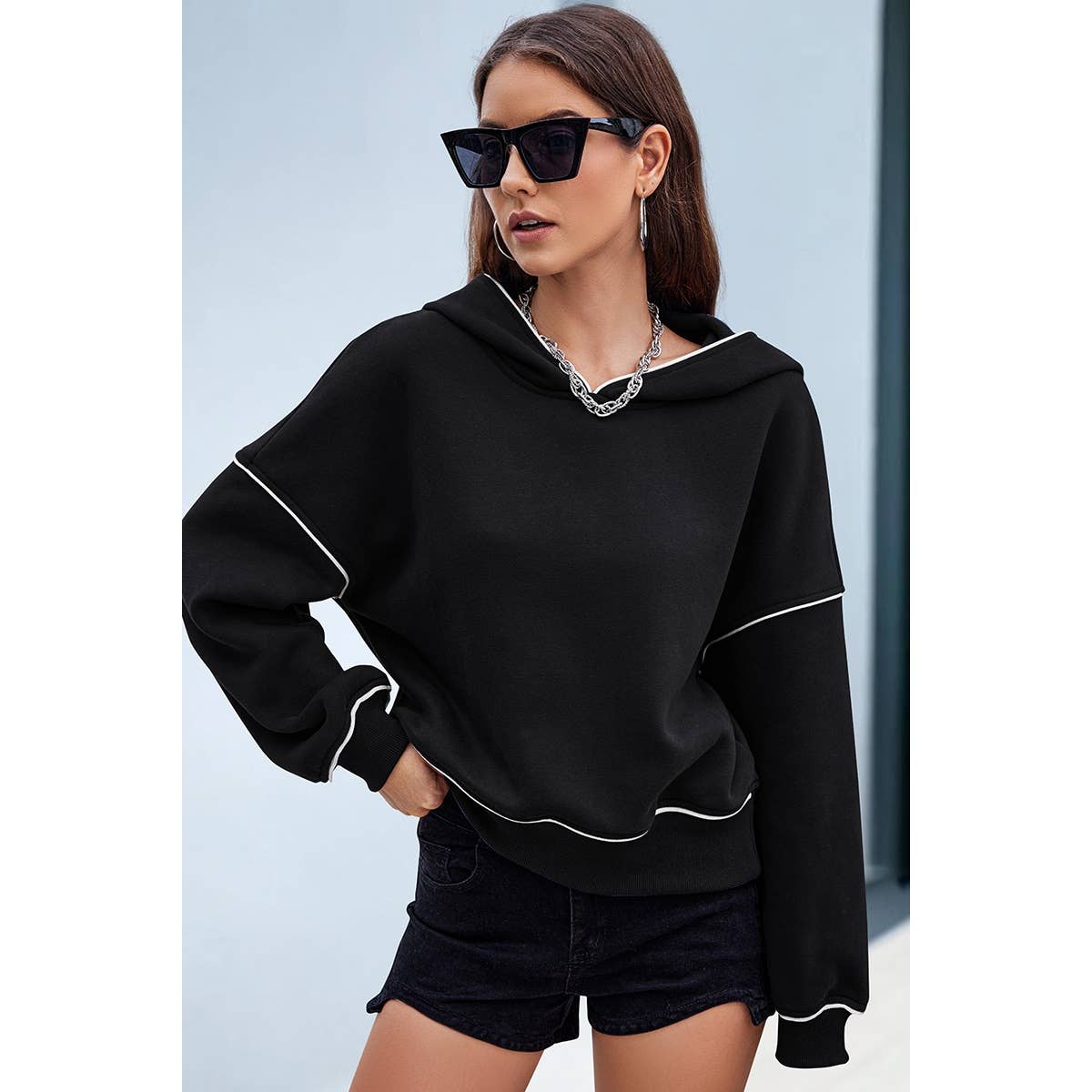 Color Block Drop Shoulder Hoodie - Black