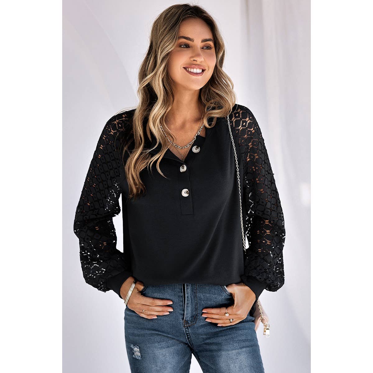 Lace Sleeve Knit Sweater - Black - Last One - Size Small