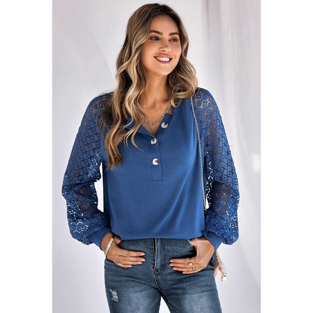 Lace Sleeve Knit Sweater - Blue - Last One - Size Small