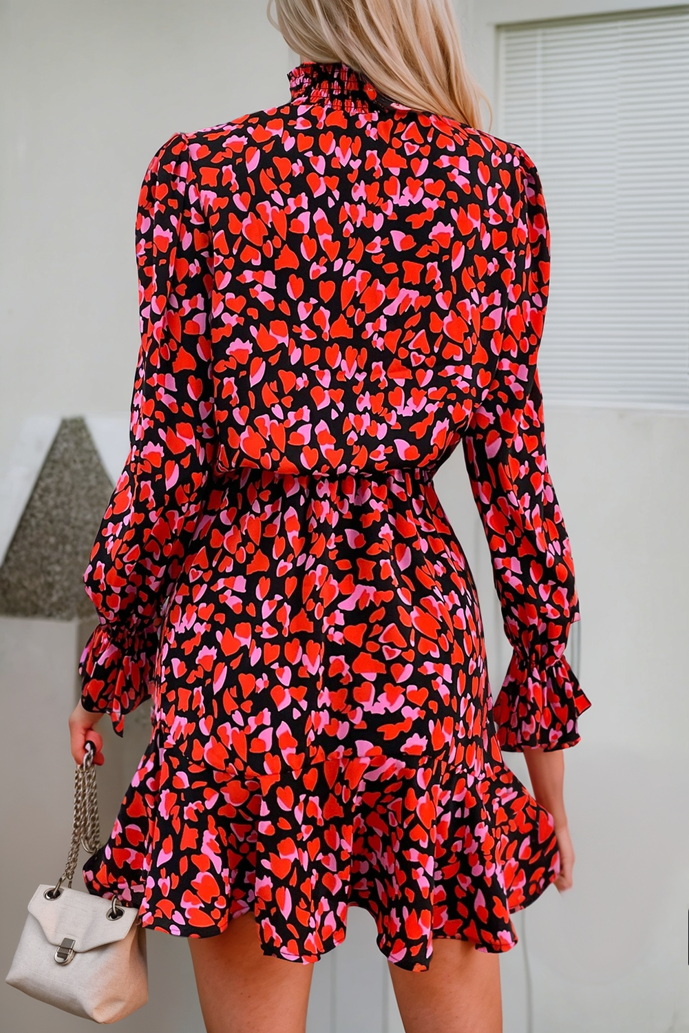 Red Allover Print Flounce Sleeve Dress - Last One - Size Small