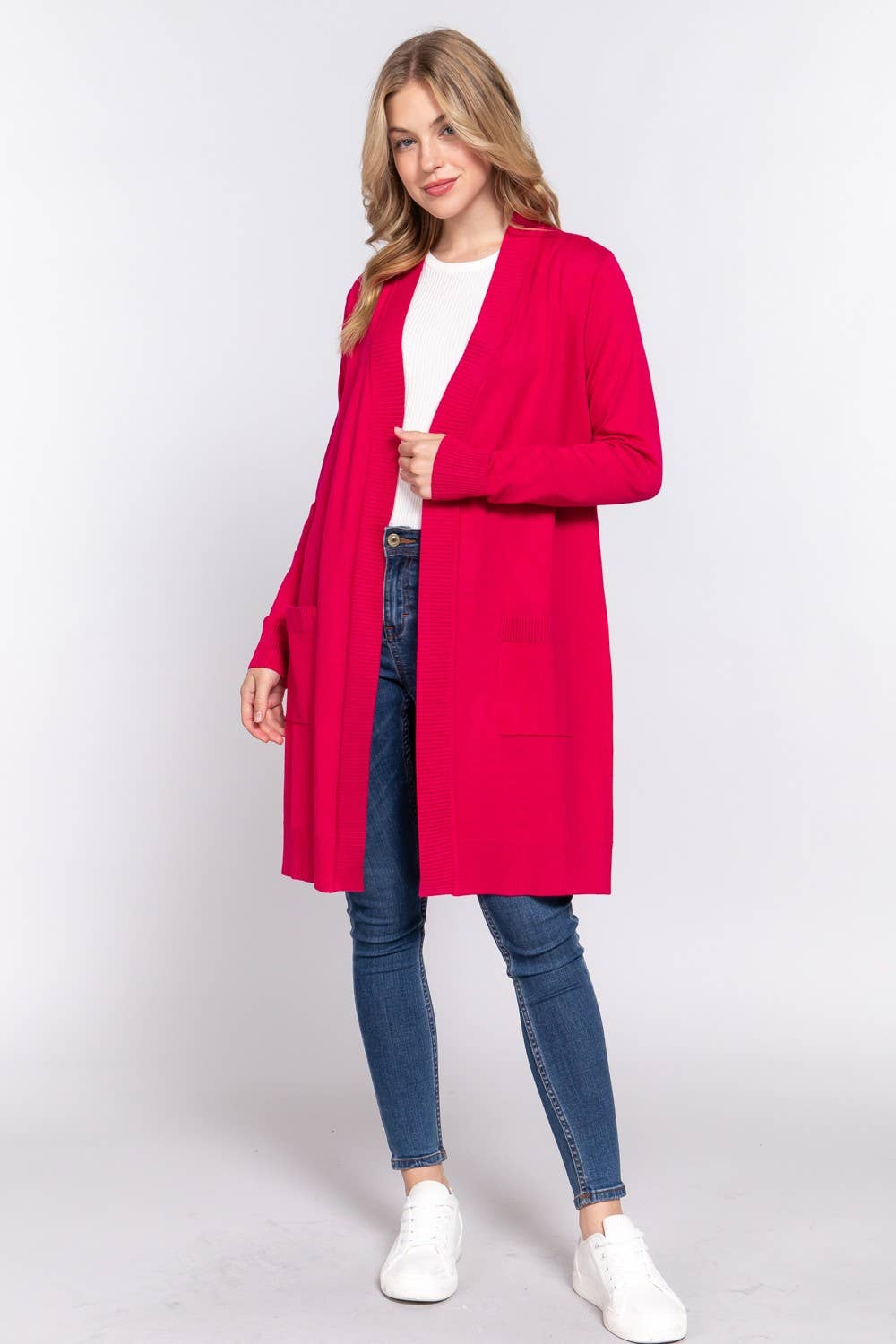 Long Sleeve Open Sweater Cardigan - Fuschia