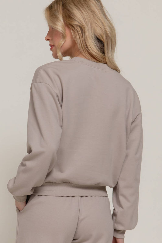 Long Sleeve Round Neck Crop Sweatshirt - Antique Taupe