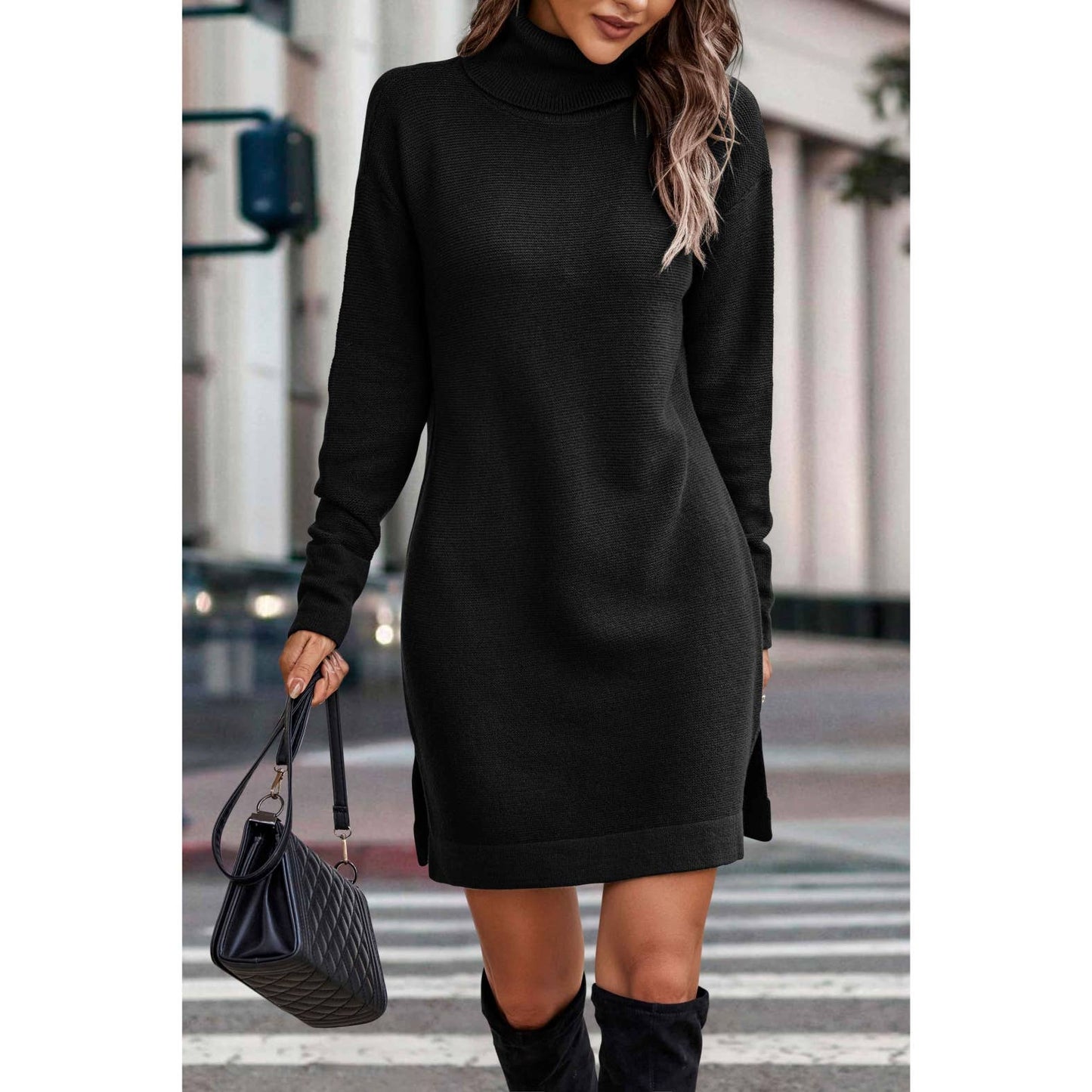 Roll Neck Knit Solid Sweater Dress
