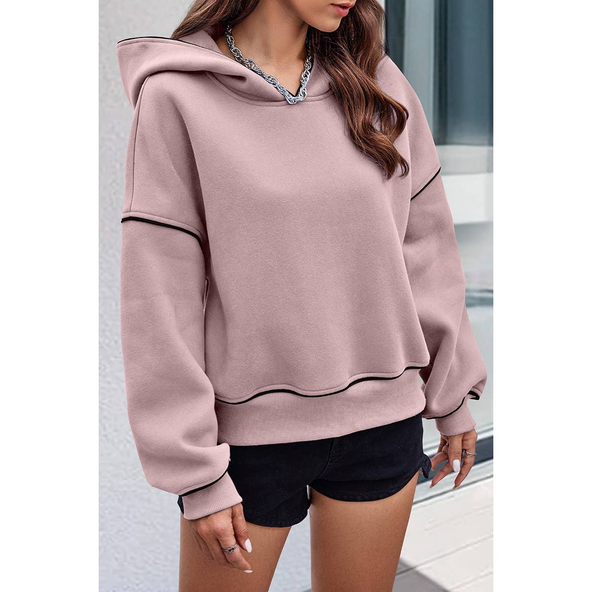 Color Block Drop Shoulder Hoodie - Pink - Last One - Size XLarge