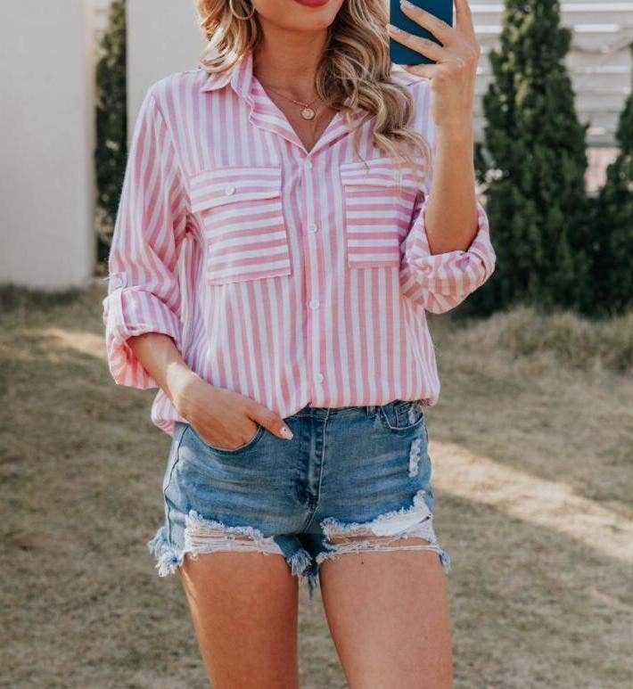 Striped Long Sleeve Linen Button Down - Pink