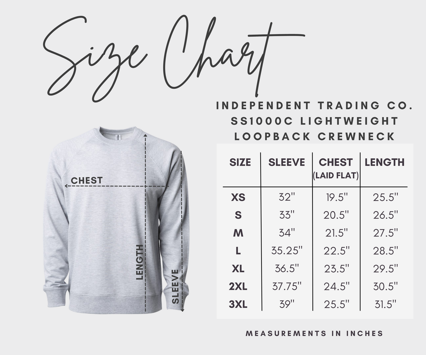 Independent Trading Co - Long Sleeve Crewneck - Unisex Fit - Sizing Chart
