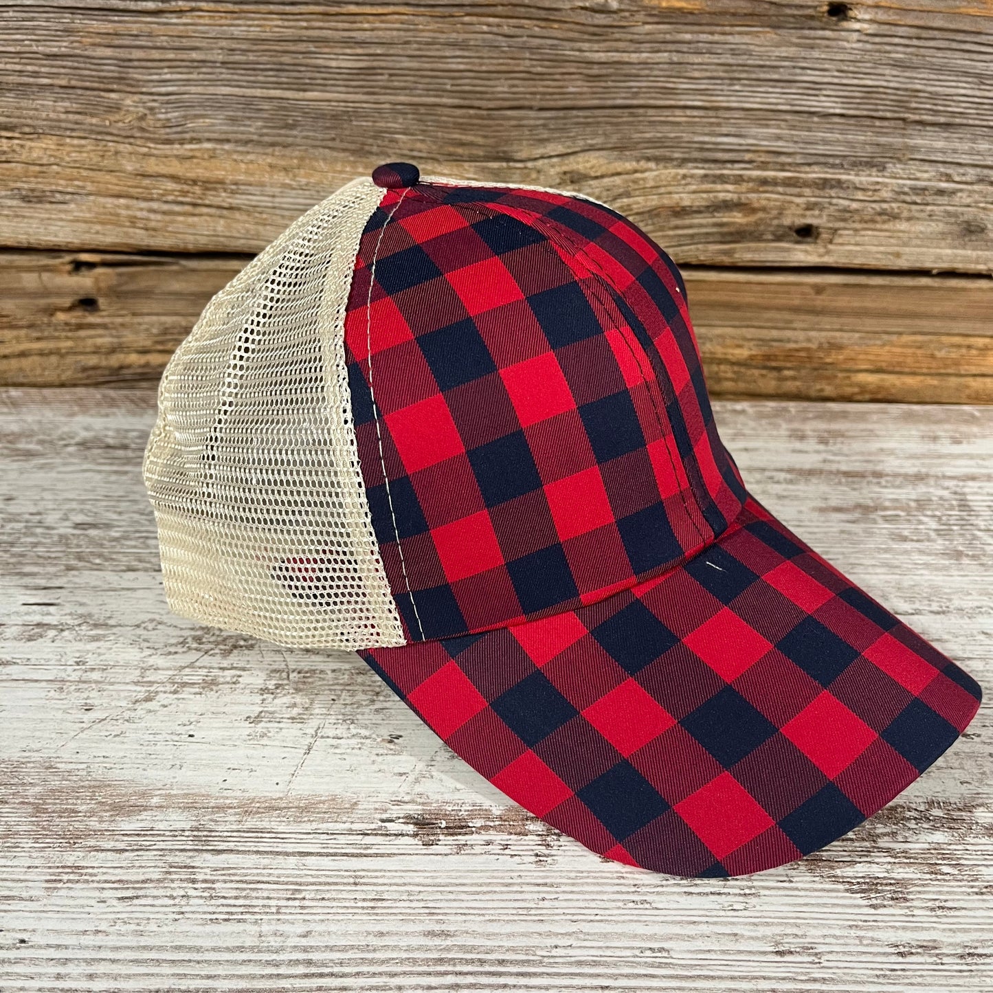 Criss Cross Back Trucker Hat - Red Plaid