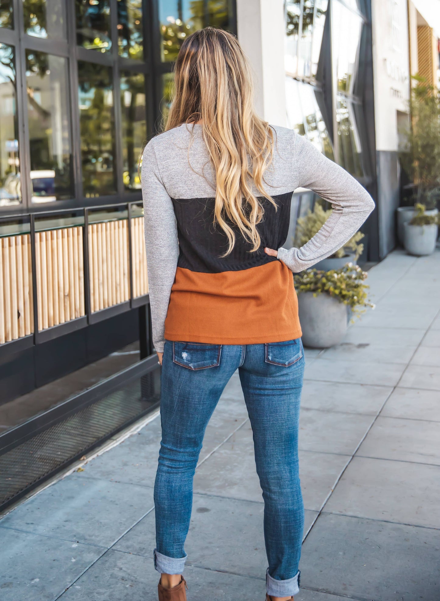 Pocketed Colorblock Long Sleeve Top - Orange