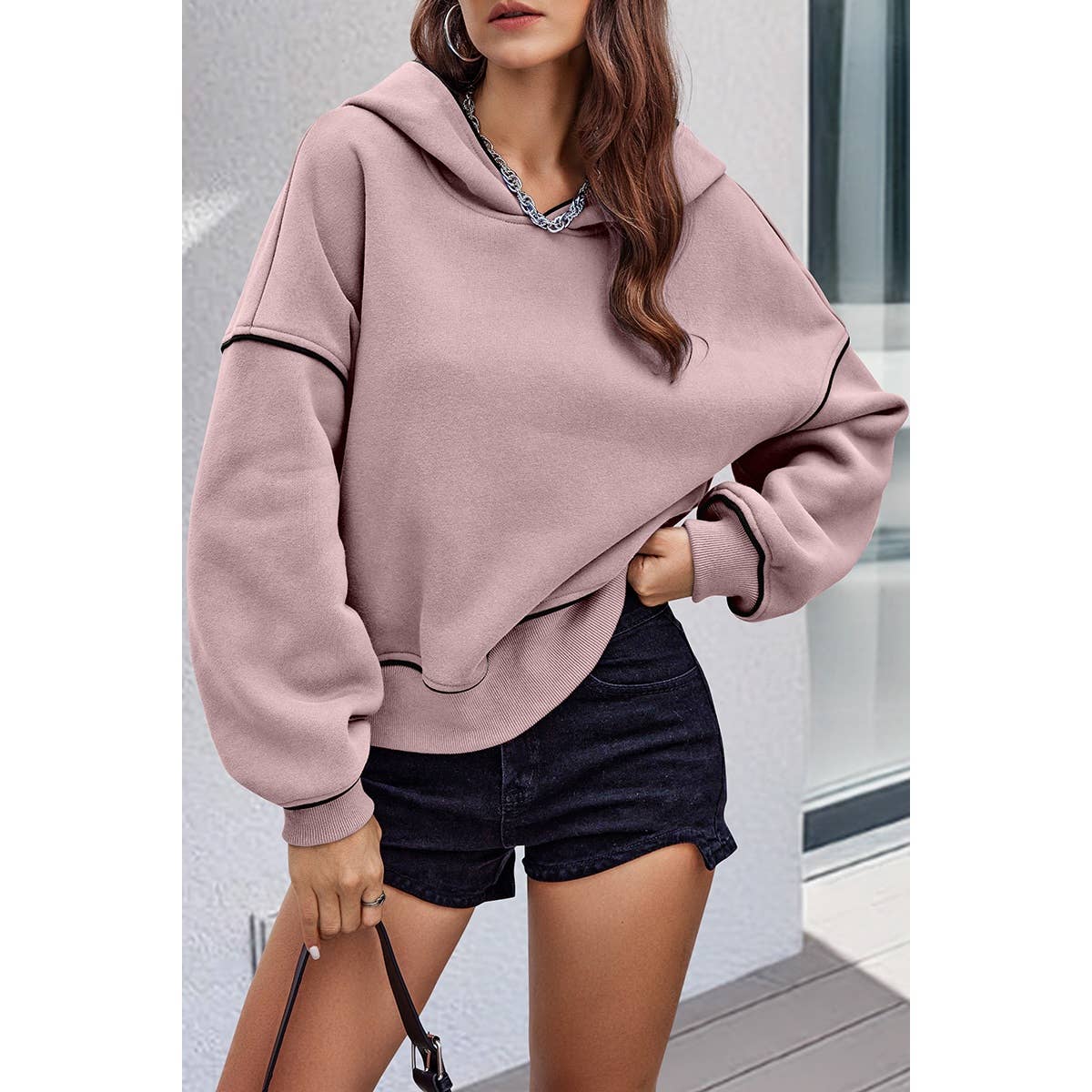 Color Block Drop Shoulder Hoodie - Pink - Last One - Size XLarge