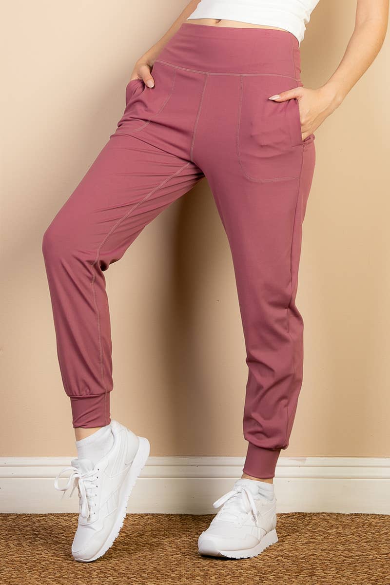 High Waisted Wide Waistband Joggers - Dusty Cedar - Last One - Size XSmall