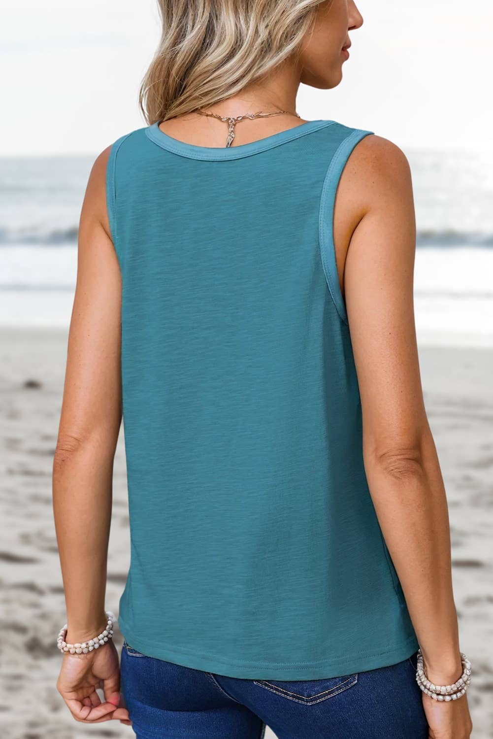 Metallic Sheen Edge Scoop Neck Tank - Blue
