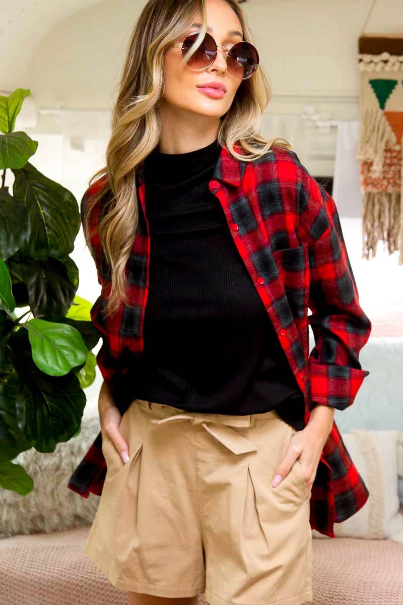 Long Sleeve Plaid Button Up - Red