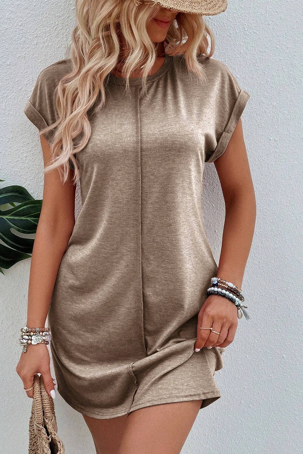 French Center Seam Rolled Cuffs T-shirt Dress - French Beige - Last One - Size Medium