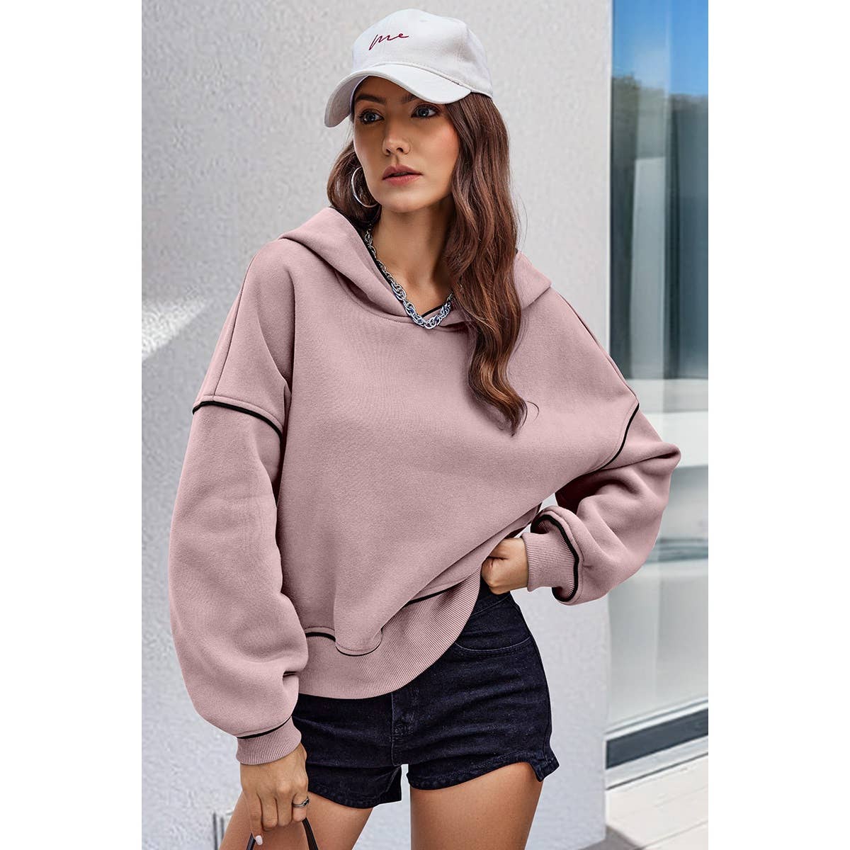 Color Block Drop Shoulder Hoodie - Pink - Last One - Size XLarge