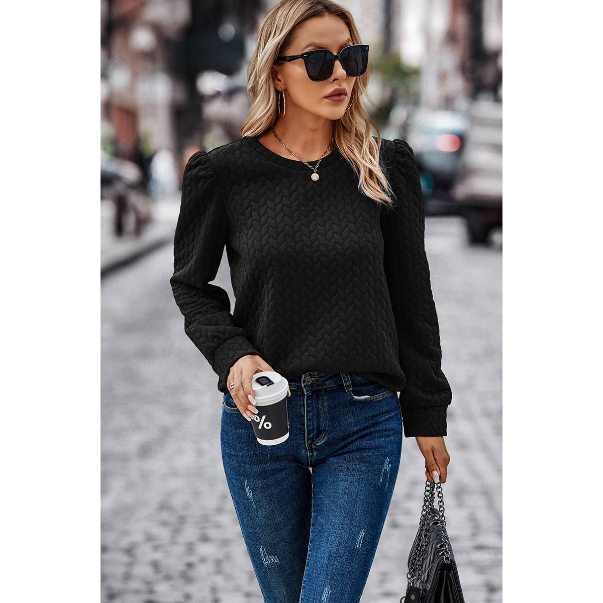 Long Sleeve Twisted Texture Sweater - Black - Last One - Size Small