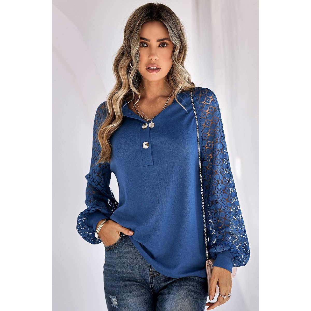Lace Sleeve Knit Sweater - Blue - Last One - Size Small