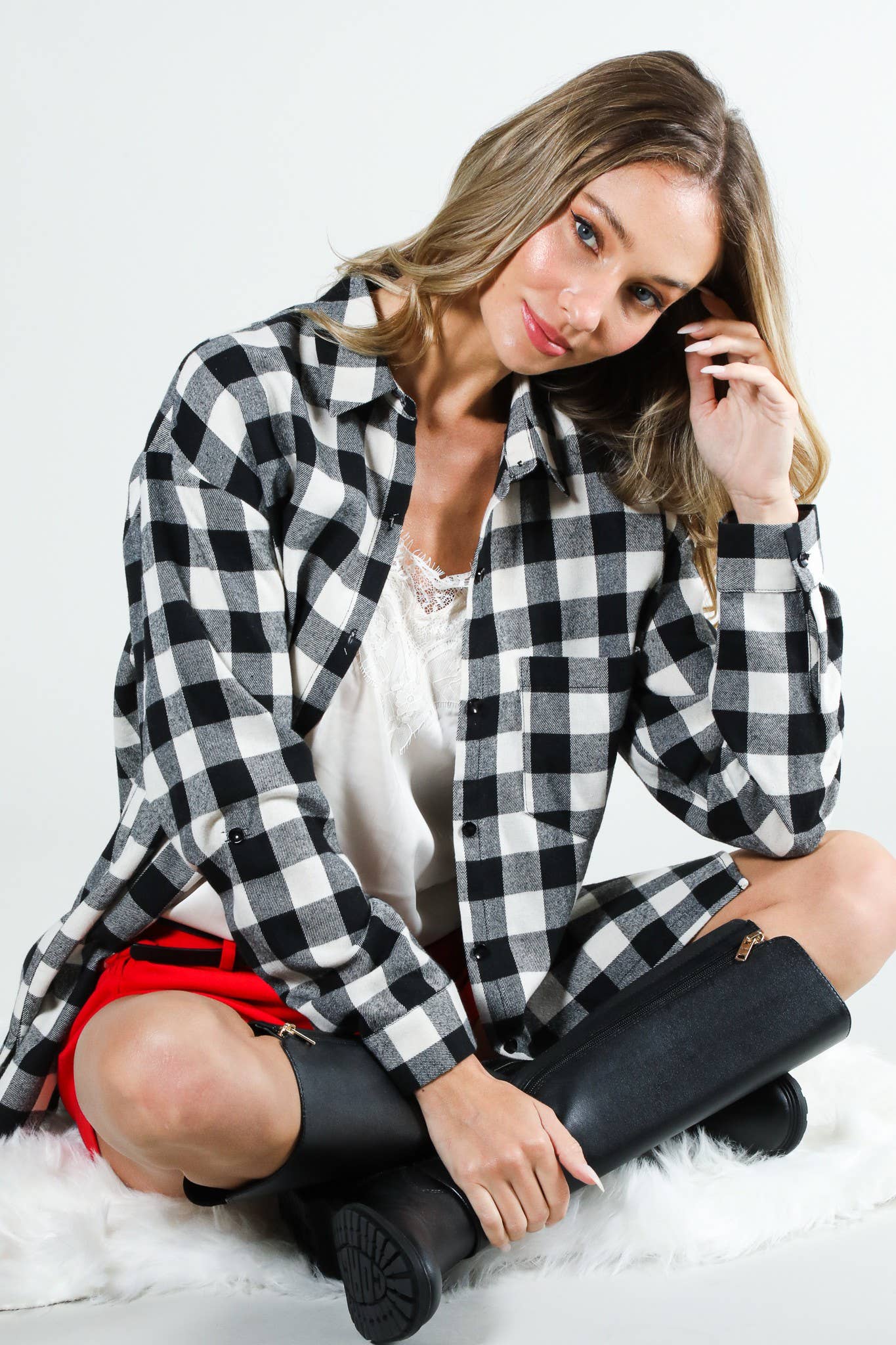 Long Sleeve Plaid Button Up - Black/White