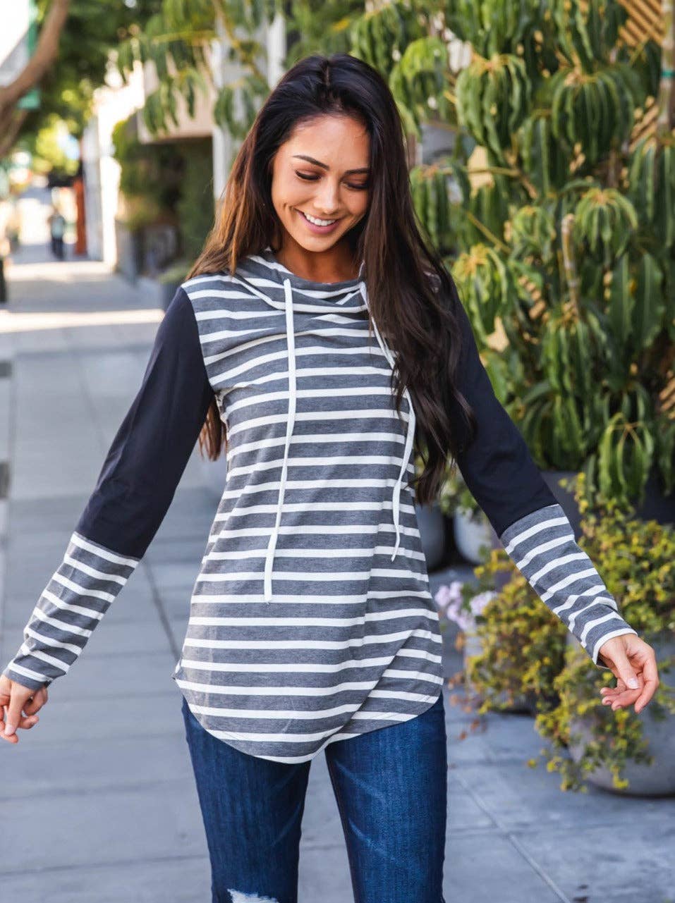 Stripe & Solid Colorblock Hoodie - Charcoal/Black