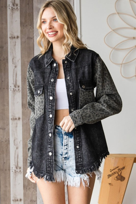 Leopard Splice Black Denim Jacket