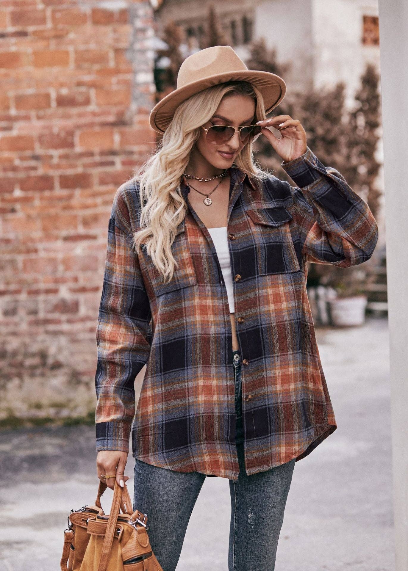 Oversized Plaid Button Down - Black/Brown