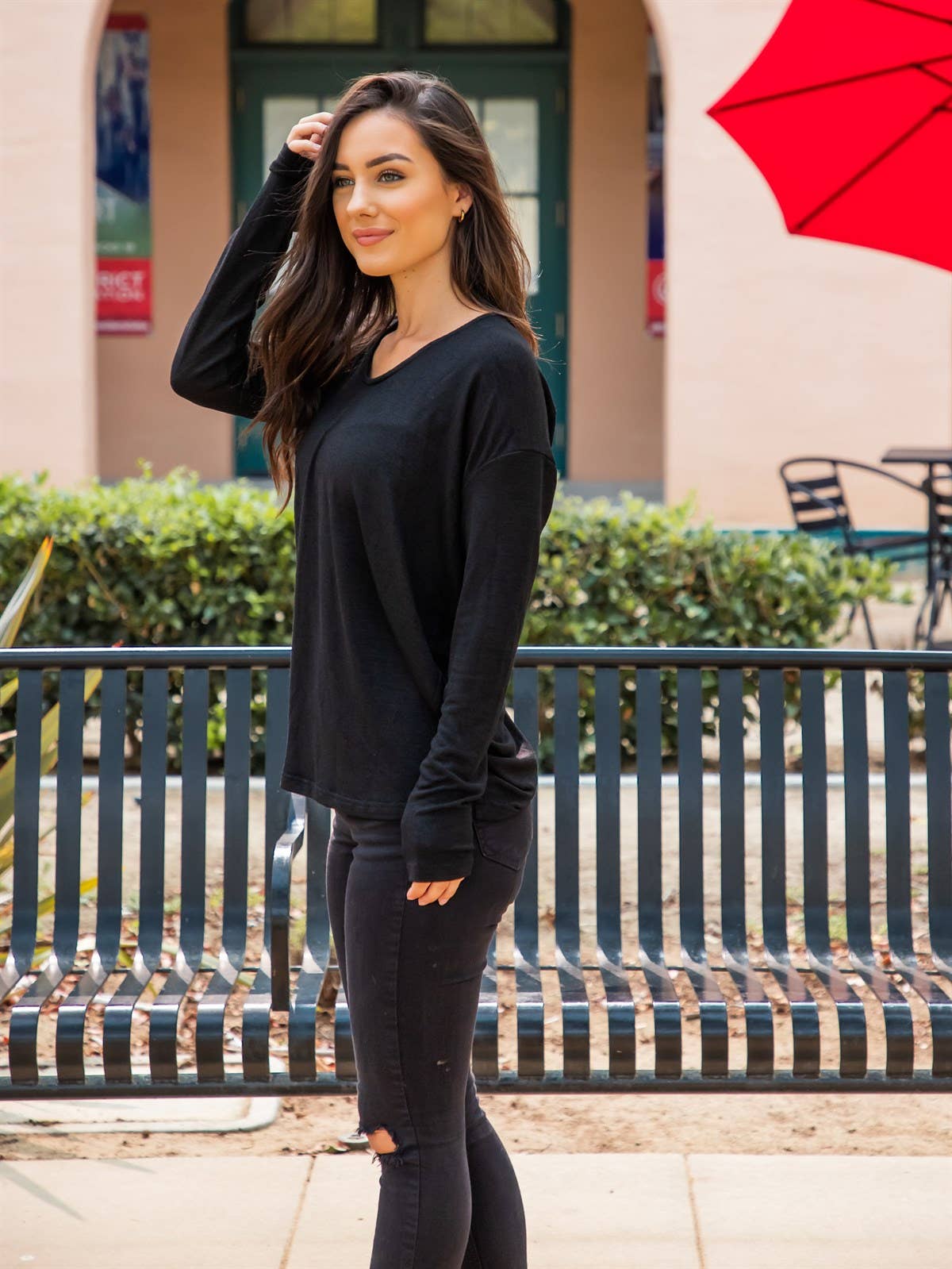 Lightweight long sleeve sweater – black women’s everyday layer knit top - Side