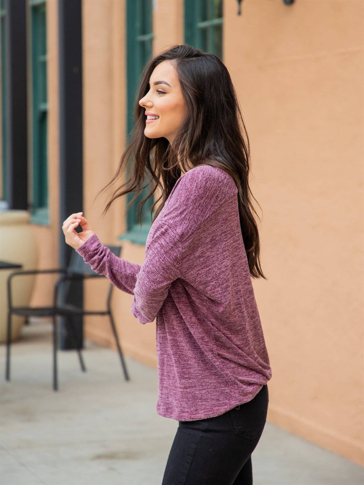 Lightweight long sleeve sweater – purple women’s everyday layer knit top - Side