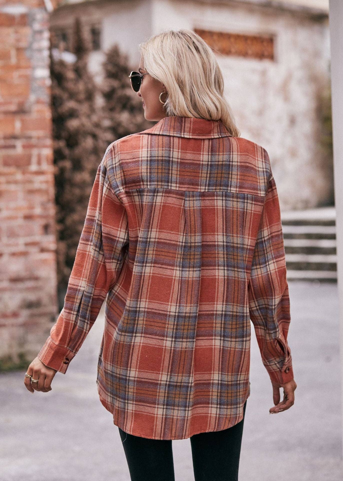 Oversized orange plaid button-down shirt – flannel shacket - Back