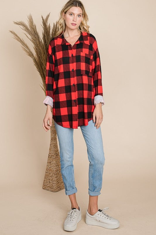 Plaid Button Down Shirt – red casual long sleeve shirt - Full View