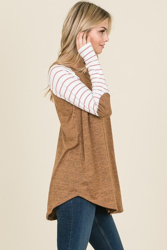 Raglan Baseball Tee with striped sleeves in camel, women’s casual top - Side