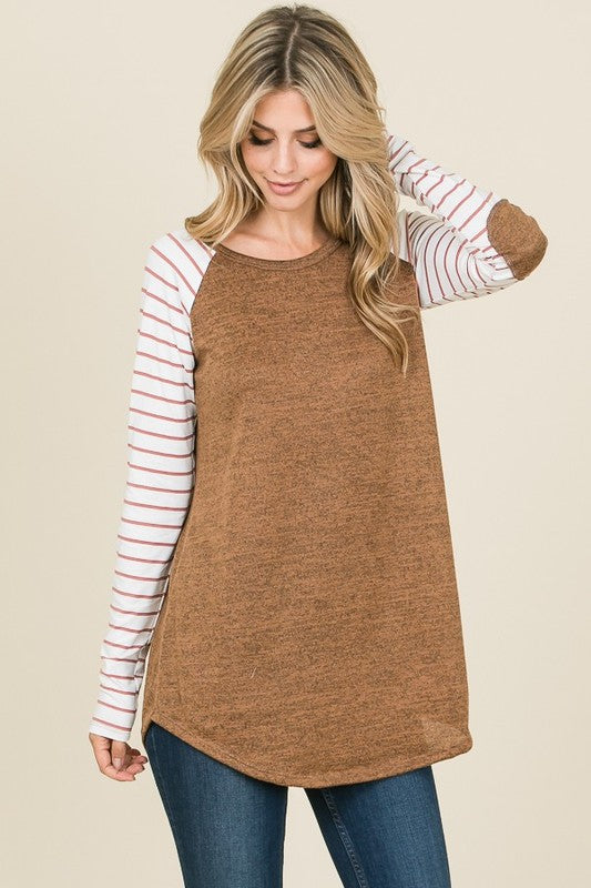 Raglan Baseball Tee with striped sleeves in camel, women’s casual top
