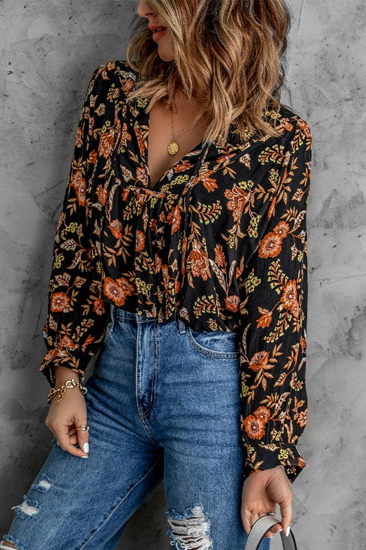 Floral Print Pleated Long Sleeve Blouse - Last One - Size Large