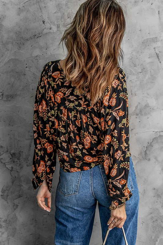 Floral Print Pleated Long Sleeve Blouse - Last One - Size Large
