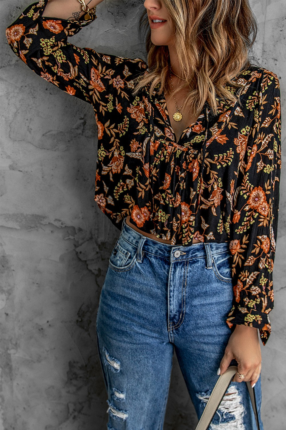 Floral Print Pleated Long Sleeve Blouse - Last One - Size Large