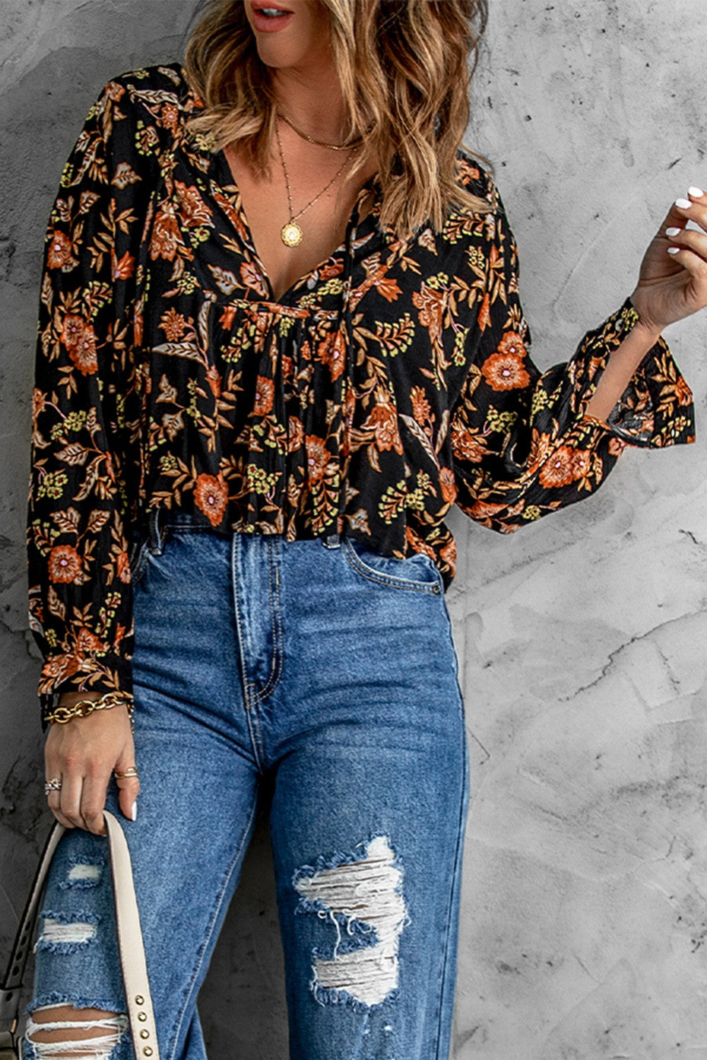 Floral Print Pleated Long Sleeve Blouse - Last One - Size Large