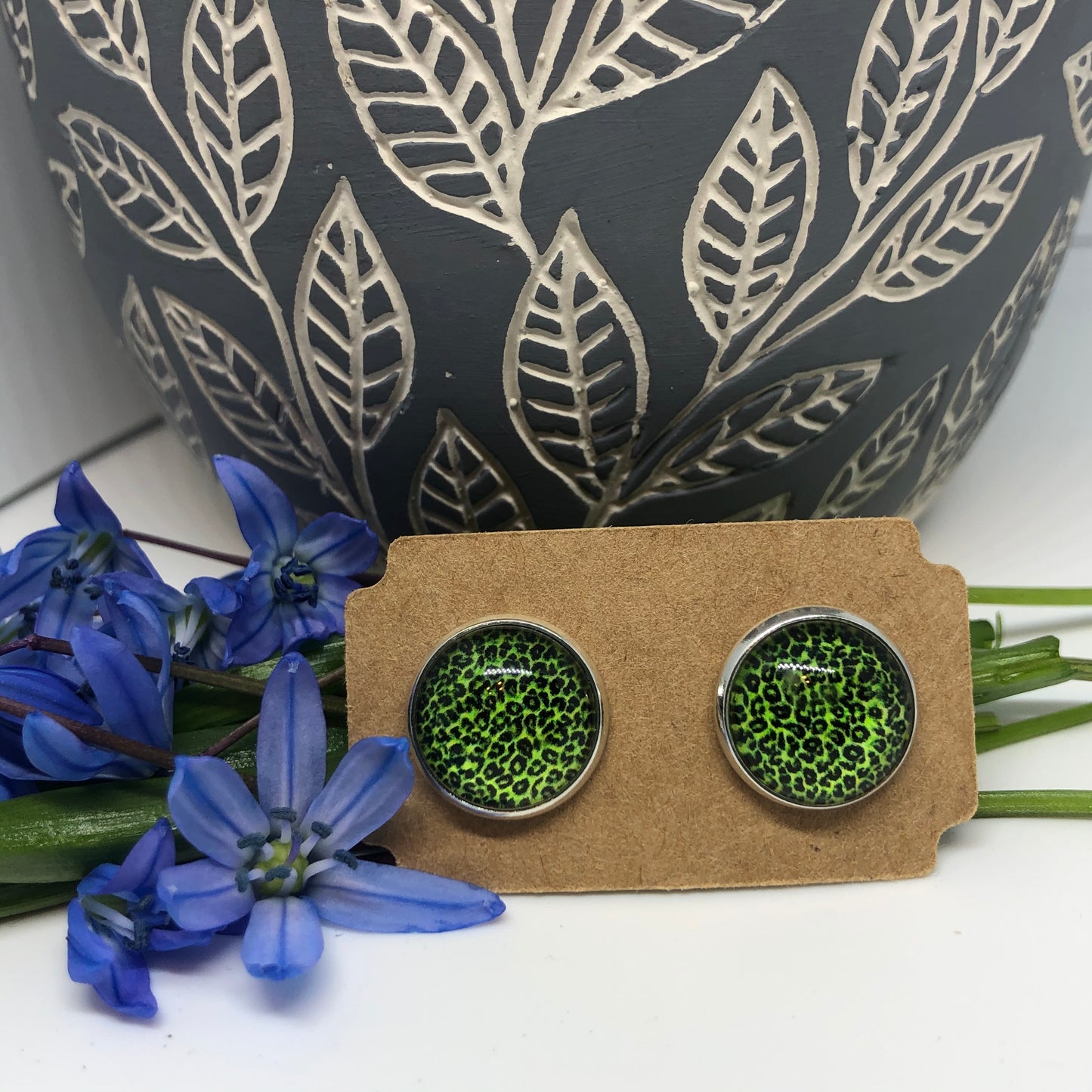 Druzy Stud Earrings - Green Animal Print - Last One - OneSize