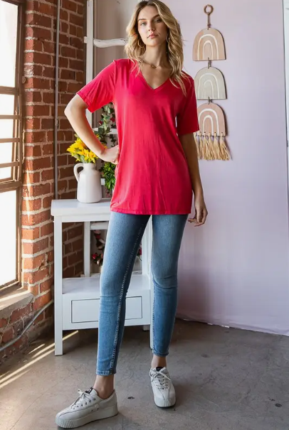 Short Sleeve V-Neck Solid Top - Coral