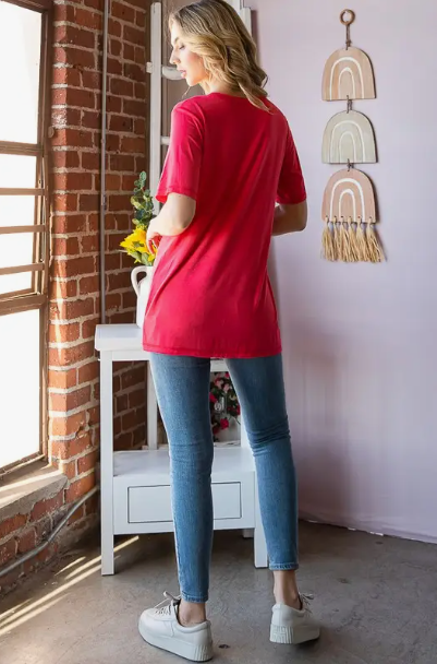 Short Sleeve V-Neck Solid Top - Coral