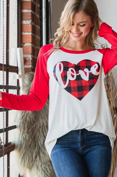 Color Block Top w/ Buffalo Plaid Heart Detail - Red